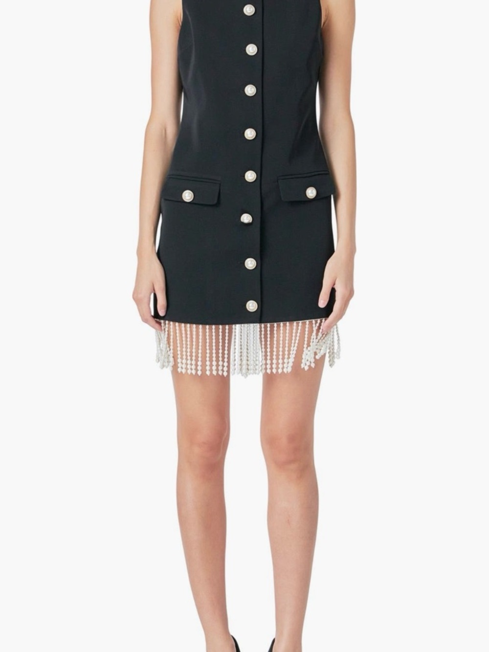 Endless Rose Women's Imitation Pearl Beaded Fringe Button Front Minidress